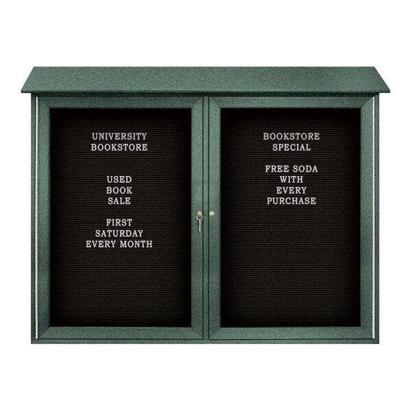 United Visual Products 45" x 36" Double Door Message Center with Black Felt Letterboard and Woodland Green Recycled Plastic Frame