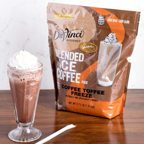 A bag of DaVinci Gourmet Coffee Toffee Freeze Mix on a wood surface.