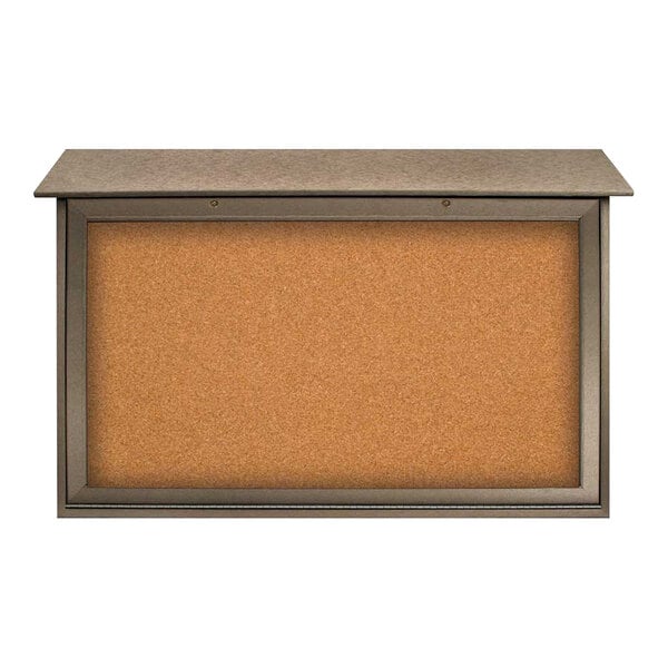 United Visual Products 45" x 30" Double-Sided Bottom Hinge Message Center with Corkboard and Weathered Wood Recycled Plastic Frame