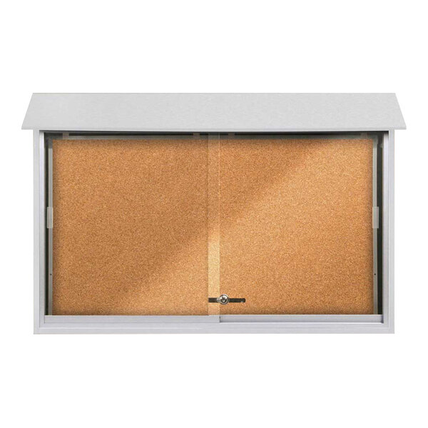 United Visual Products 45" x 30" Sliding Glass Door Message Center with Corkboard and White Recycled Plastic Frame