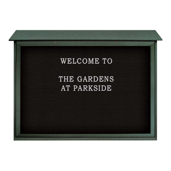 United Visual Products 52" x 40" Double-Sided Bottom Hinge Message Center with Black Felt Letterboard and Woodland Green Recycled Plastic Frame