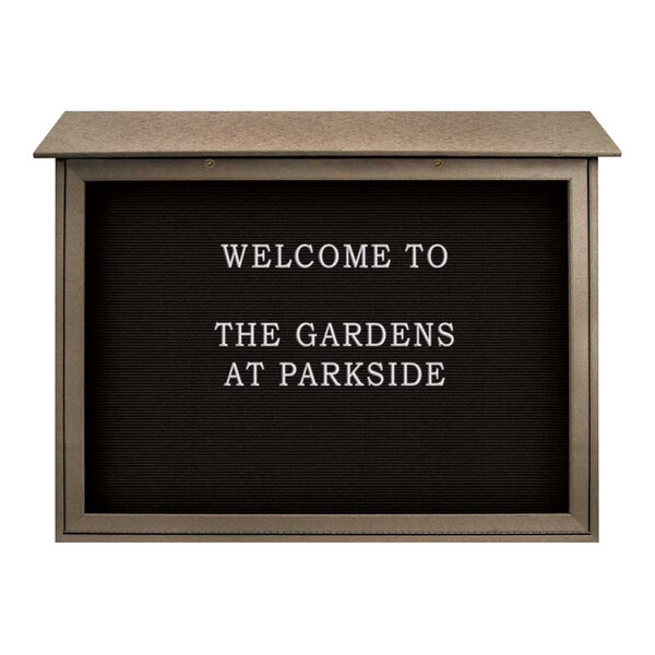 United Visual Products 45" x 36" Double-Sided Bottom Hinge Message Center with Black Felt Letterboard and Weathered Wood Recycled Plastic Frame