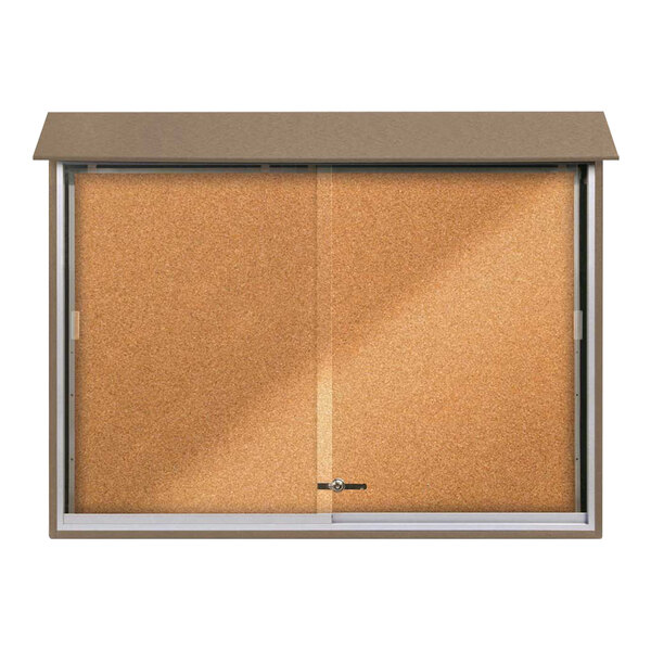 United Visual Products 52" x 40" Sliding Glass Door Message Center with Corkboard and Weathered Wood Recycled Plastic Frame