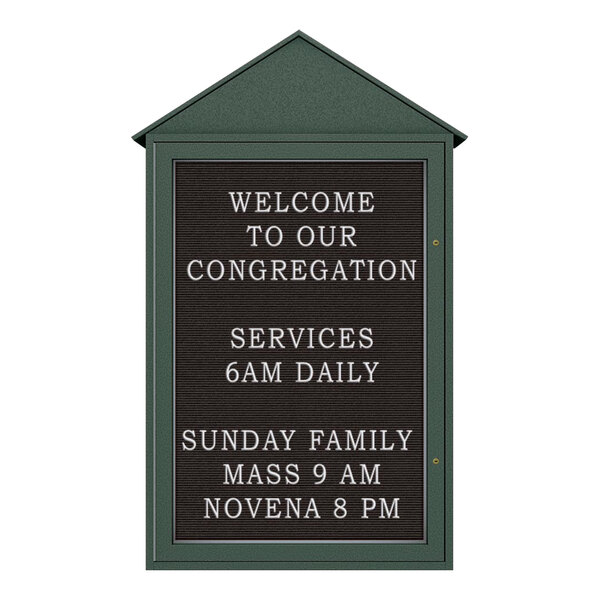 United Visual Products 28" x 48" Single-Sided Enclosed Outdoor Cathedral Message Center with Black Felt Letterboard and Woodland Green Recycled Plastic Frame