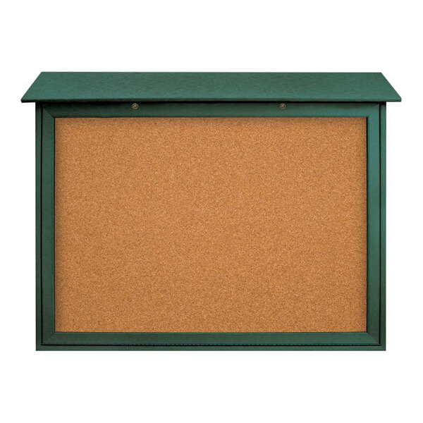 United Visual Products 45" x 36" Double-Sided Bottom Hinge Message Center with Corkboard and Woodland Green Recycled Plastic Frame