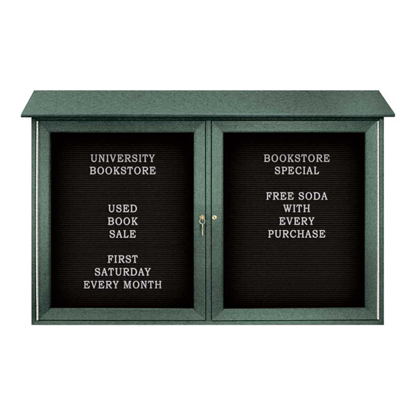 United Visual Products 45" x 30" Double Door Message Center with Black Felt Letterboard and Woodland Green Recycled Plastic Frame