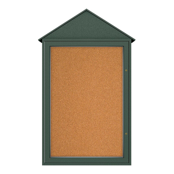 United Visual Products 28" x 48" Single-Sided Enclosed Outdoor Cathedral Message Center with Corkboard and Woodland Green Recycled Plastic Frame