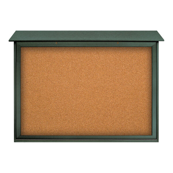 United Visual Products 52" x 40" Double-Sided Bottom Hinge Message Center with Corkboard and Woodland Green Recycled Plastic Frame