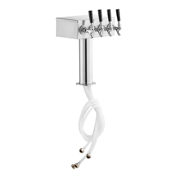 A stainless steel Beverage-Air 4 tap tower with white hoses.