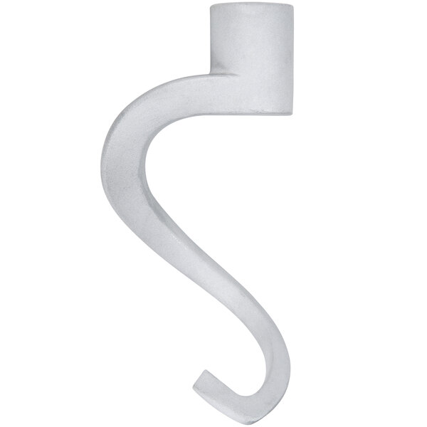 A white cast aluminum dough hook with a curved end.