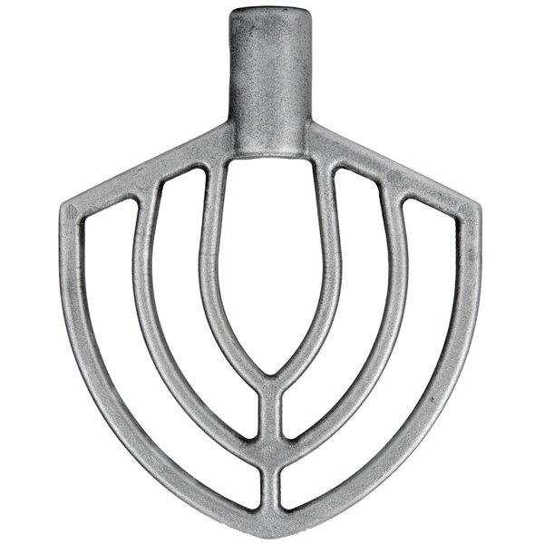 A silver cast aluminum flat beater for a Vollrath mixer with a circular design on the metal handle.