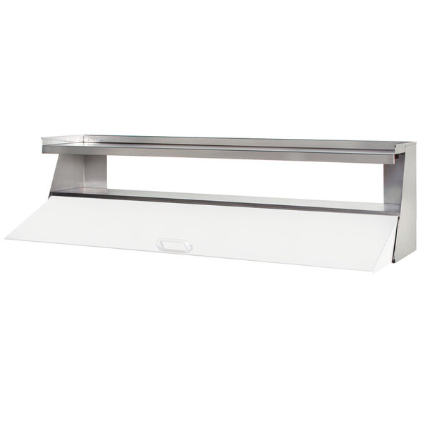 A stainless steel rectangular shelf with metal side guards over a white Beverage-Air counter.