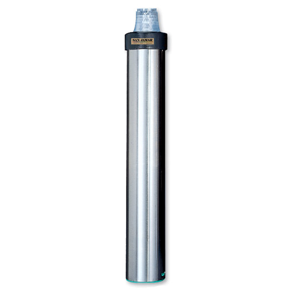 A silver stainless steel San Jamar vertical cup dispenser with black lines.
