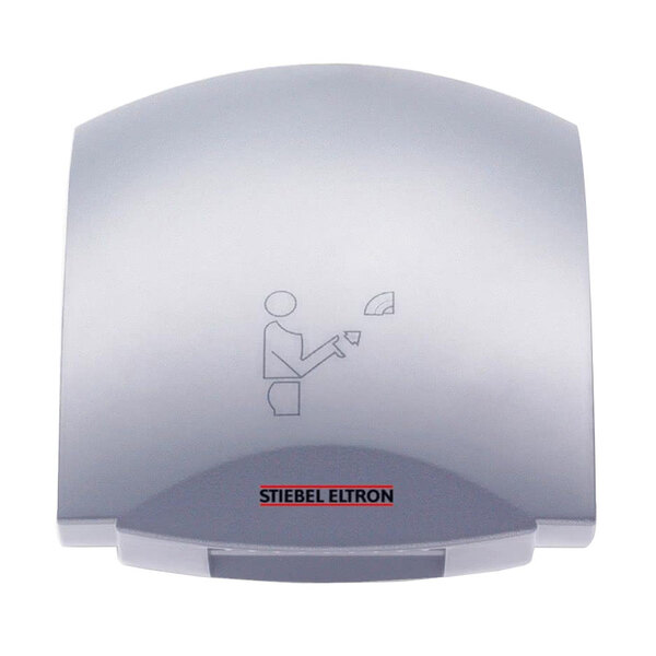 A silver Stiebel Eltron hand dryer with a pictogram of a hand pointing to a button.