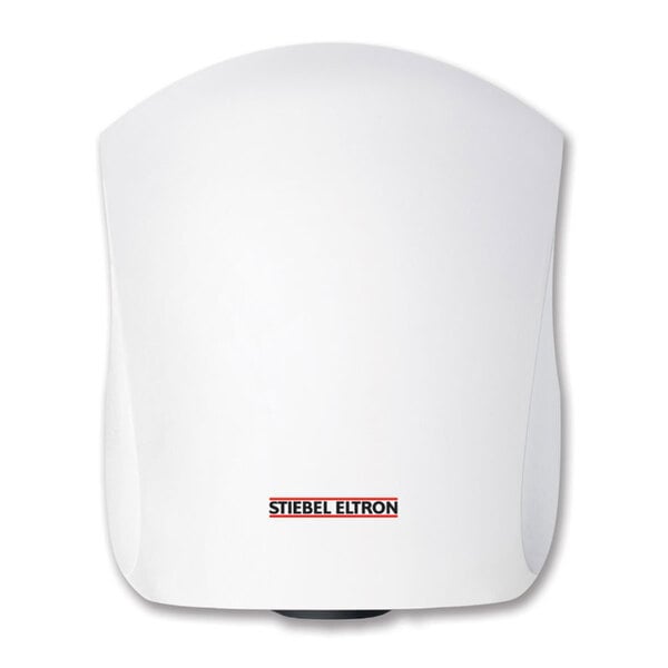 A white Stiebel Eltron Ultronic hand dryer with a red logo.