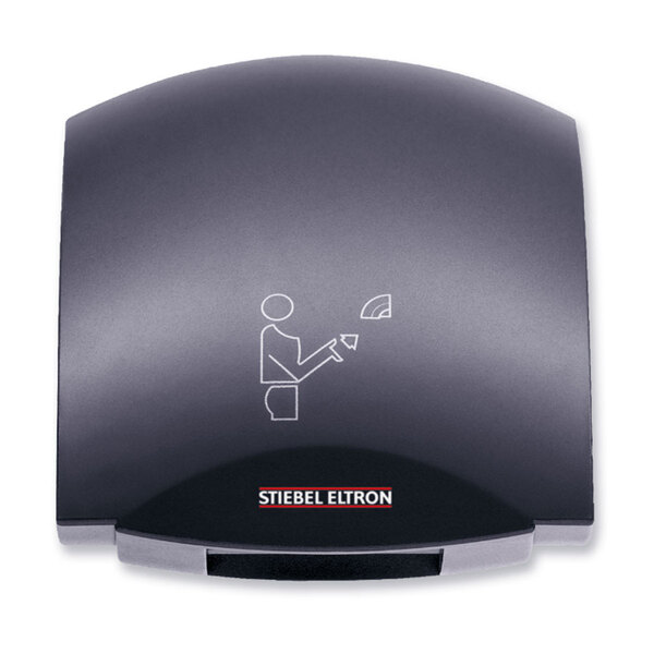 A black rectangular Stiebel Eltron hand dryer with a white logo.
