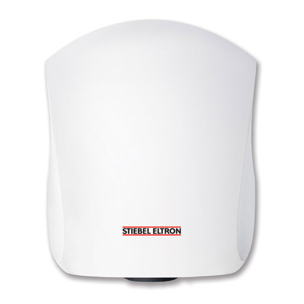 An Alpine white Stiebel Eltron hand dryer with a red logo.