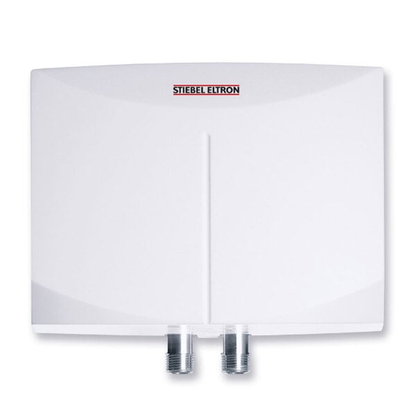A white rectangular Stiebel Eltron Mini electric water heater with two metal connectors.