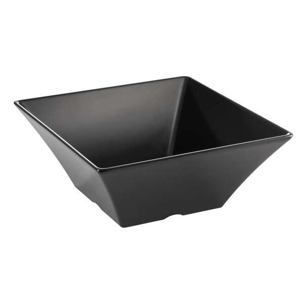 A black square Tablecraft melamine bowl with a lid on a counter.