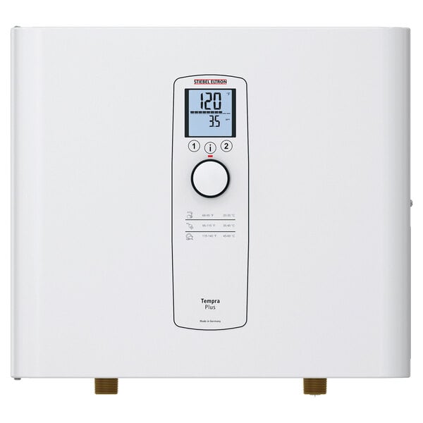A white square Stiebel Eltron water heater with a black and white digital display.