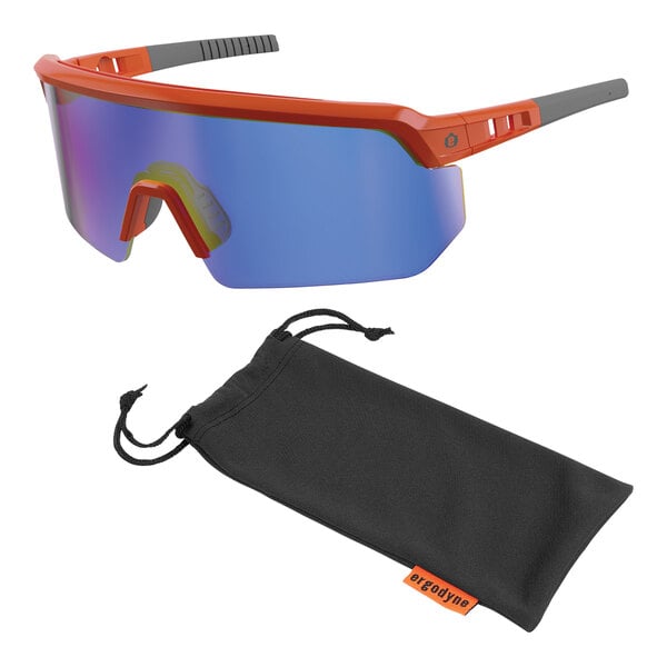 Ergodyne Skullerz AEGIR Anti-Scratch Anti-Fog Safety Glasses with Orange Frame and Blue Mirrored Lenses 55022