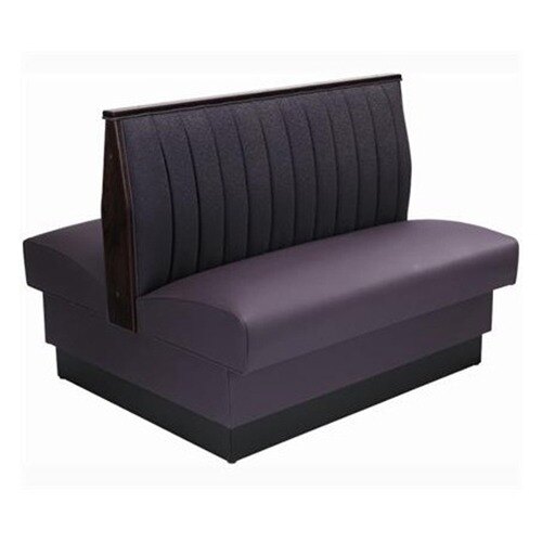 An American Tables & Seating purple and black upholstered booth with a black backrest.