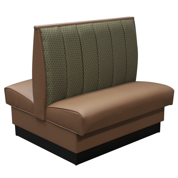 An American Tables & Seating brown booth with green channel backrests.
