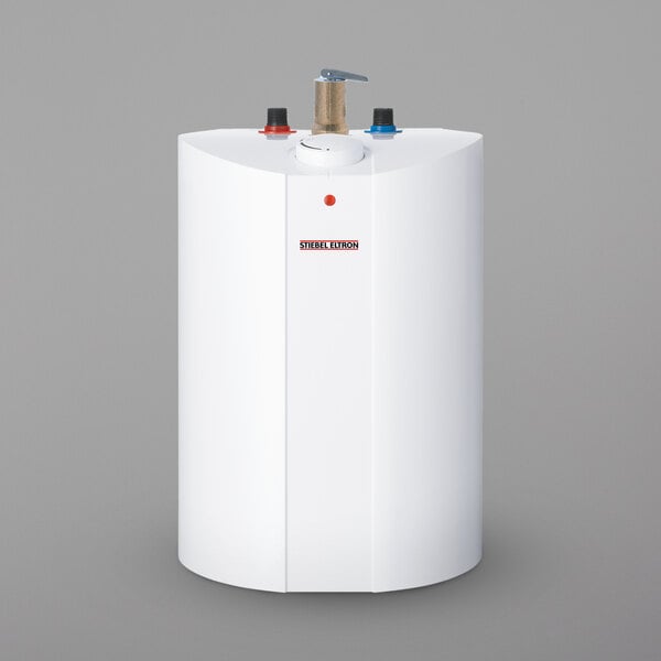 A white rectangular Stiebel Eltron mini tank water heater with a red button.