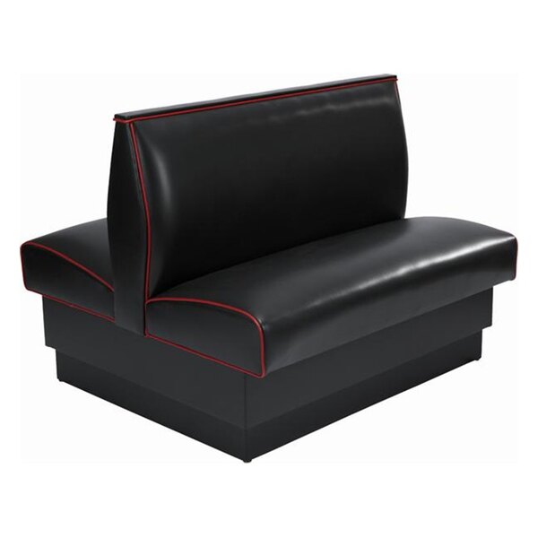 An American Tables & Seating black booth with red piping and a red cushion.