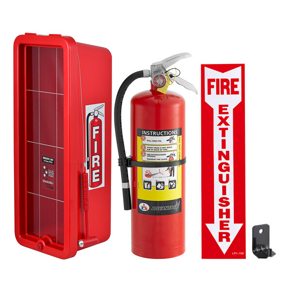 Badger Advantage ADV-10 10 lb. Dry Chemical Untagged Rechargeable Fire Extinguisher, Cato Chief Red Plastic Cabinet with Hammer, and Adhesive Label