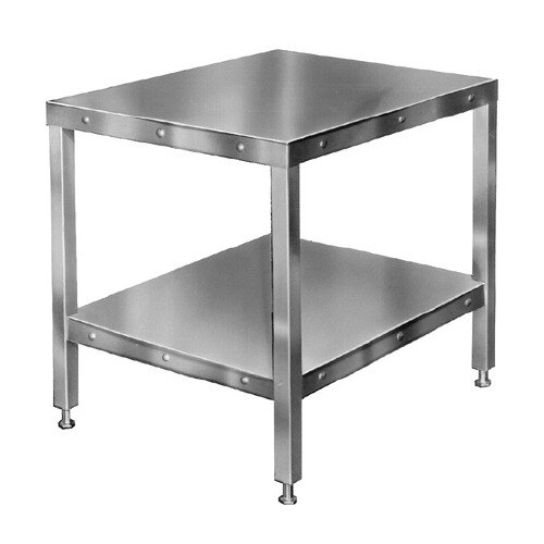 A stainless steel Hobart table with chrome feet and a shelf.