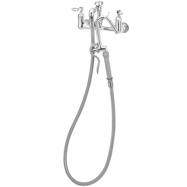 A T&S chrome wall mounted pot and kettle filler faucet with a hose.