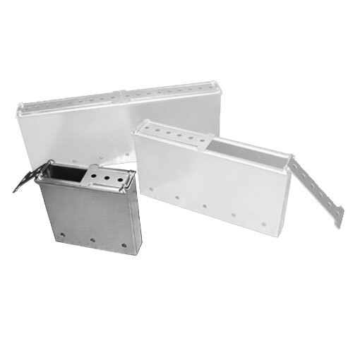 A white metal box with two compartments and holes.