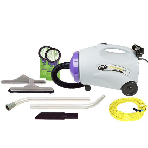 A white and purple ProTeam RunningVac canister vacuum with tools.