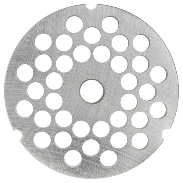A Hobart metal grinder plate with circular holes.