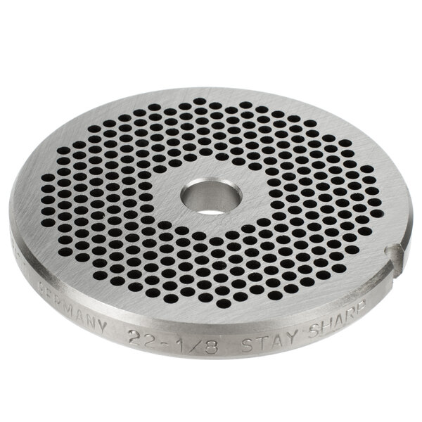 A stainless steel Hobart grinder plate with circular holes.