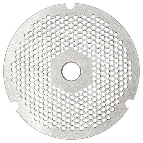 A white circular metal Hobart grinder plate with holes and a black border.