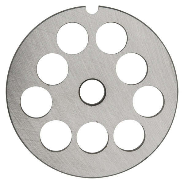 A white Hobart #12 meat grinder plate with 8 holes.