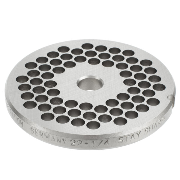 A circular stainless steel Hobart grinder plate with holes in it.