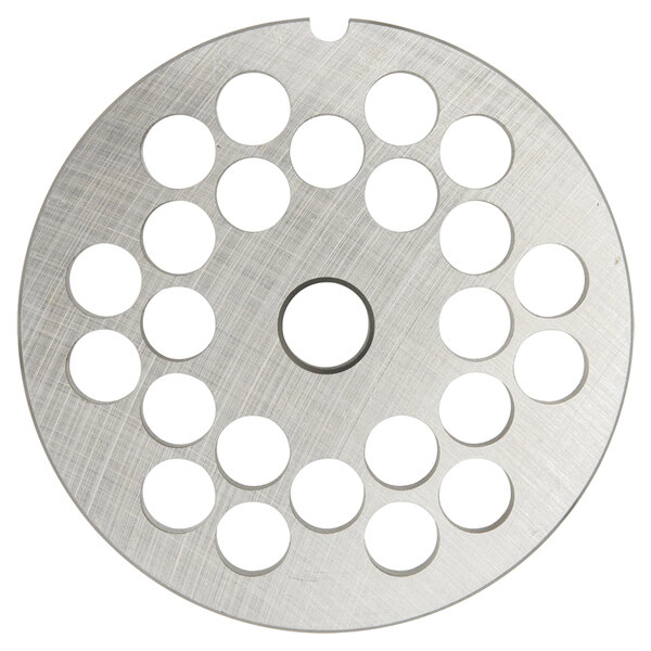 A Hobart #22 Stay Sharp grinder plate with circular holes.