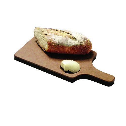 A loaf of bread and a piece of garlic on a San Jamar Tuff-Cut bread board with butter well.