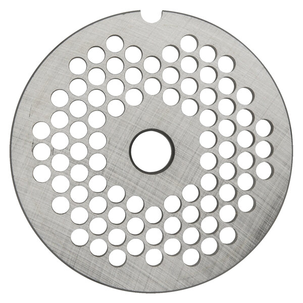 A white circular metal Hobart grinder plate with holes.