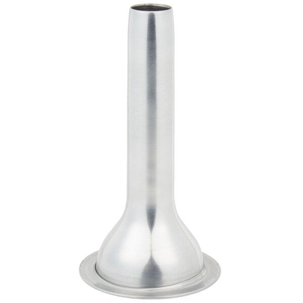 A silver metal object with a round base.