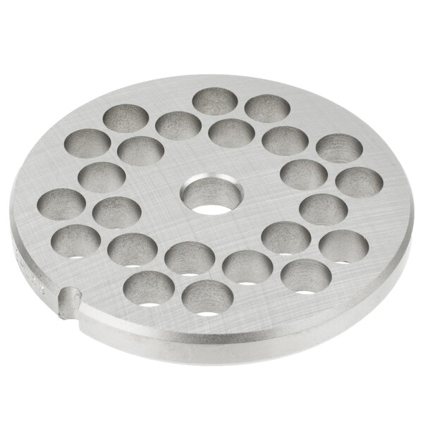 A Hobart stainless steel #22 grinder plate with circular holes.