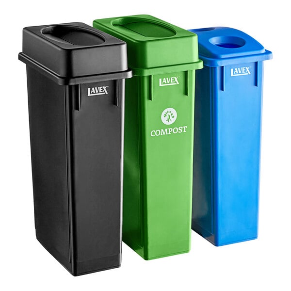 Lavex 23 Gallon 3-Stream Slim Rectangular Trash / Recycle / Compost Station with Black Drop Shot Lid, Green Drop Shot Lid, and Blue Can / Bottle Lid