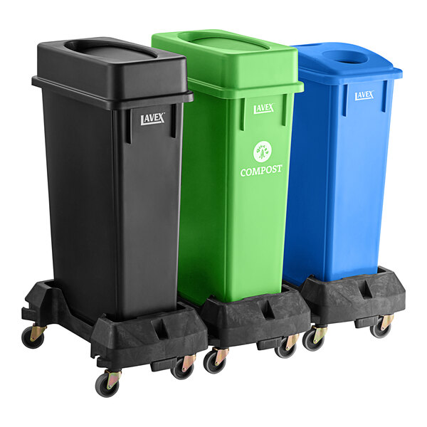 Lavex 23 Gallon 3-Stream Slim Rectangular Mobile Trash / Recycle / Compost Station with Black Drop Shot Lid, Green Drop Shot Lid, and Blue Can / Bottle Lid