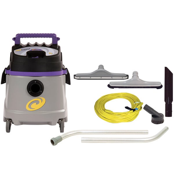 A ProTeam ProGuard 10 wet/dry vacuum cleaner with hose and accessories.