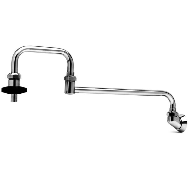 A T&S stainless steel wall mounted pot filler body with a black handle.