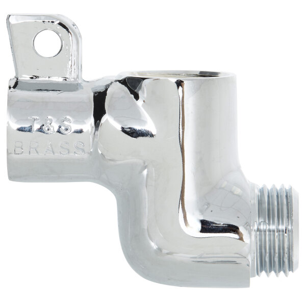 A chrome plated T&S squeeze valve body with a shiny silver metal end.