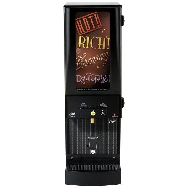 A black Curtis Cafe Series cappuccino machine with a sign that says "Rich Chocolate" on it.